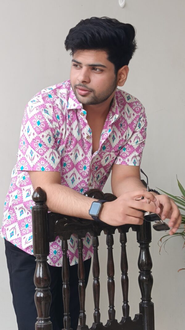White and Pink Buti Print Cotton Shirt 4