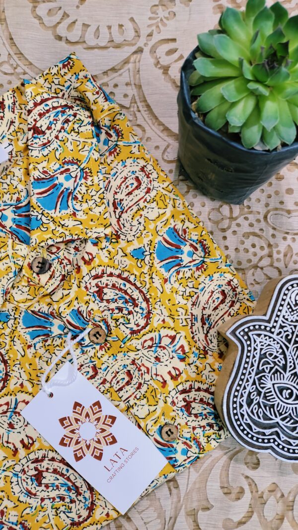 Yellow Base With All-over Floral Motif Hand-Print Cotton Shirt (2)