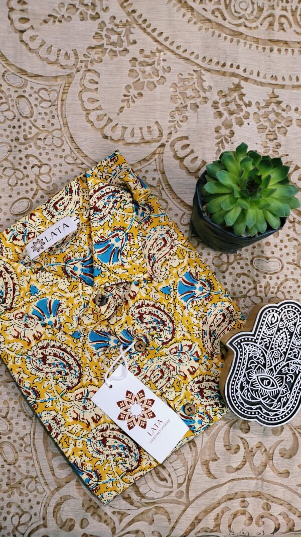Yellow Base With All-over Floral Motif Hand-Print Cotton Shirt (4)