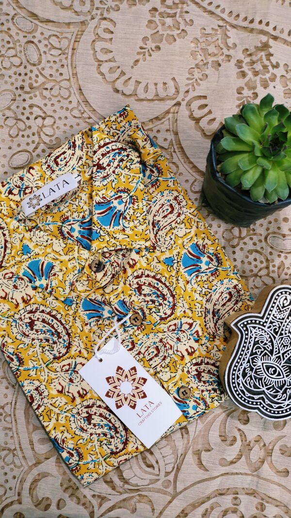 Yellow Base With All-over Floral Motif Hand-Print Cotton Shirt (5)
