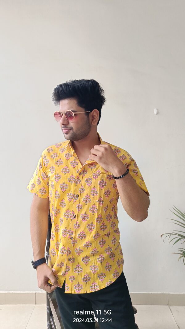 Yellow With Pink Buti Print Cotton Shirt 1