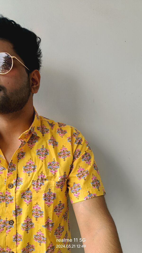 Yellow With Pink Buti Print Cotton Shirt 2