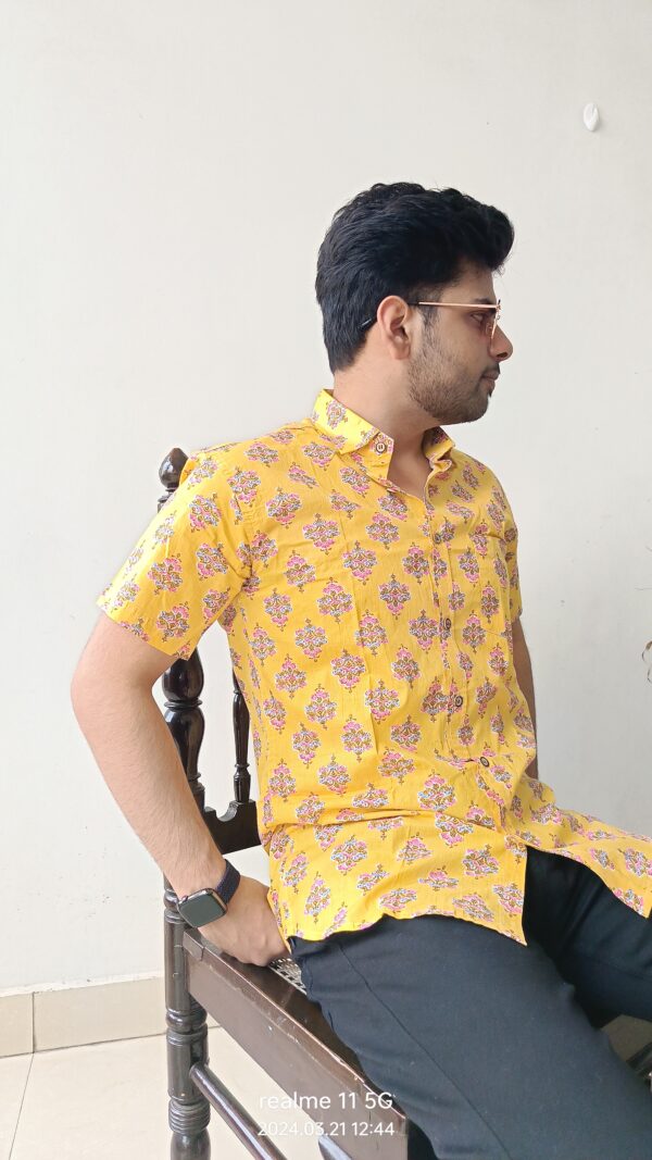Yellow With Pink Buti Print Cotton Shirt 3