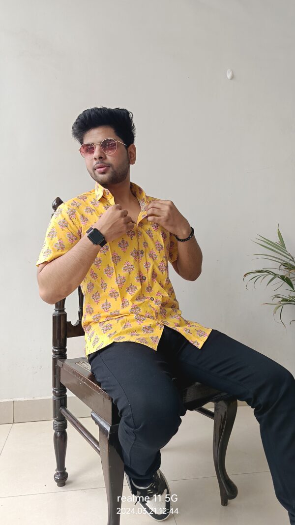 Yellow With Pink Buti Print Cotton Shirt 4