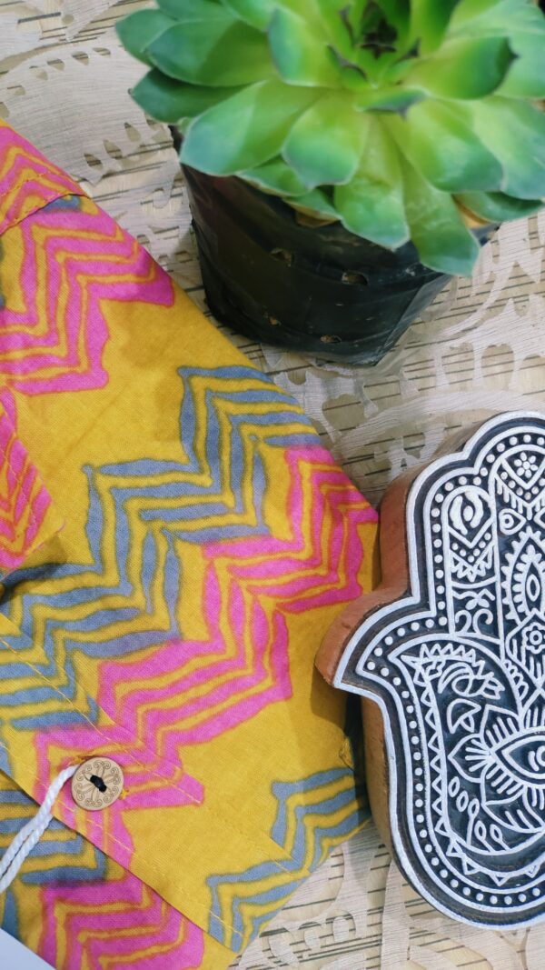 Yellow Base With Pink Green Zigzag Hand-Print Cotton Shirt (2)