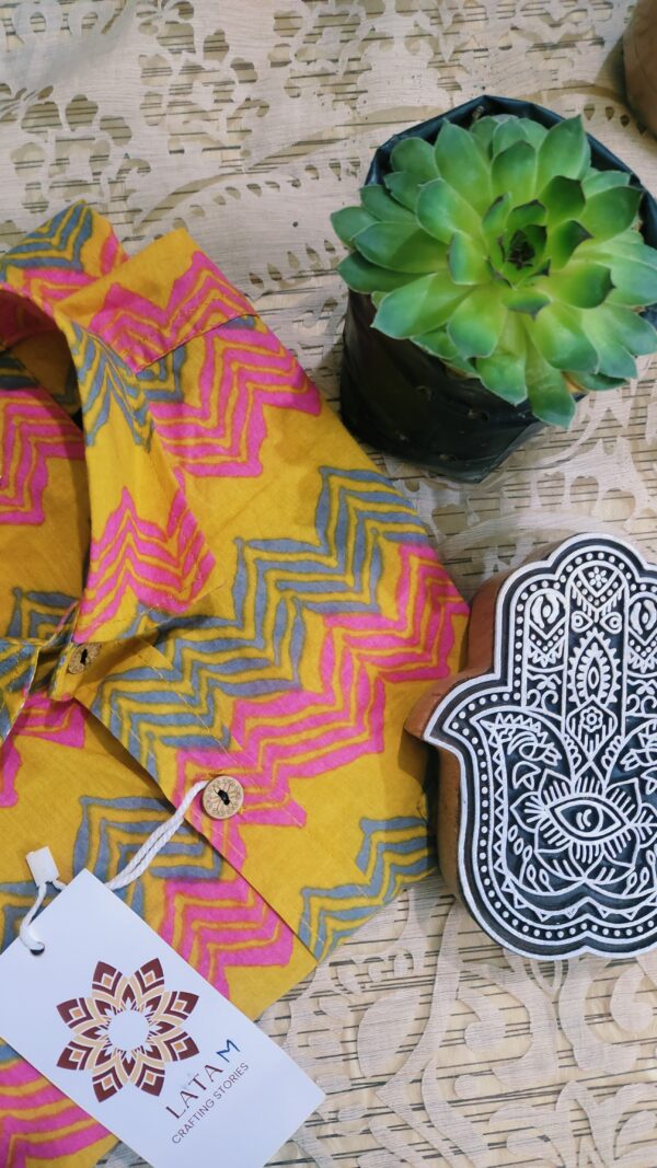 Yellow Base With Pink Green Zigzag Hand-Print Cotton Shirt (3)
