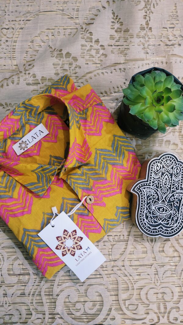 Yellow Base With Pink Green Zigzag Hand-Print Cotton Shirt (4)