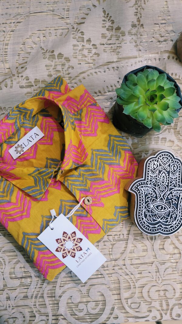 Yellow Base With Pink Green Zigzag Hand-Print Cotton Shirt (5)