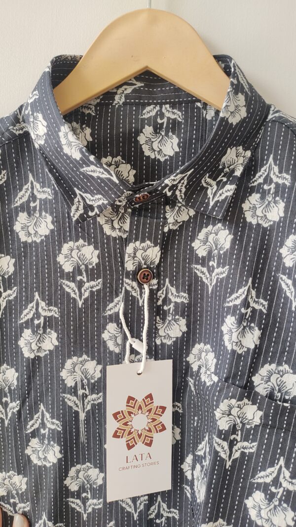 Black Base White Buti Handprinted Cotton Shirt (2)