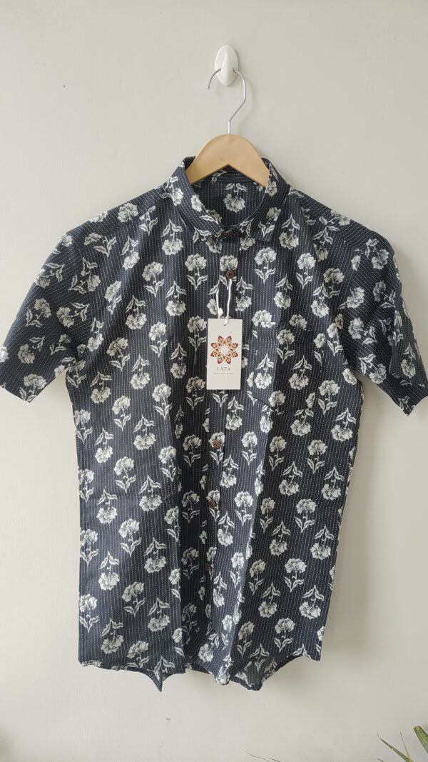 Black Base White Buti Handprinted Cotton Shirt (4)
