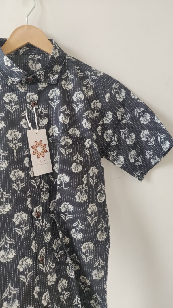 Black Base White Buti Handprinted Cotton Shirt