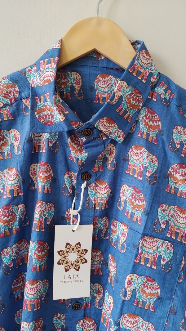Blue Base Multi Colour Elephant HandPrinted Cotton Shirt (2)