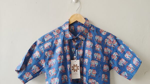 Blue Base Multi Colour Elephant HandPrinted Cotton Shirt (3)