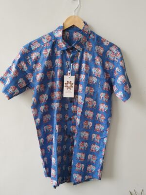 Blue Base Multi Colour Elephant HandPrinted Cotton Shirt (4)
