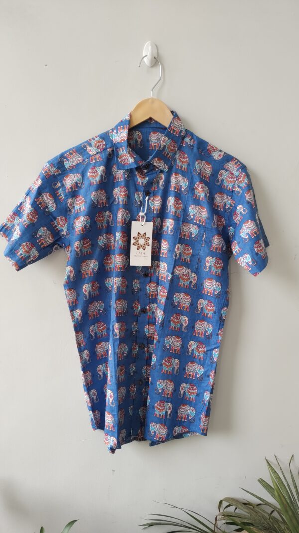 Blue Base Multi Colour Elephant HandPrinted Cotton Shirt (4)