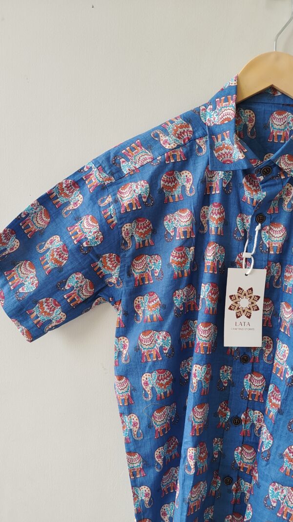 Blue Base Multi Colour Elephant HandPrinted Cotton Shirt