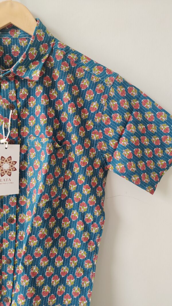 Blue Base Red Flower Buti Printed Cotton Shirt (2)