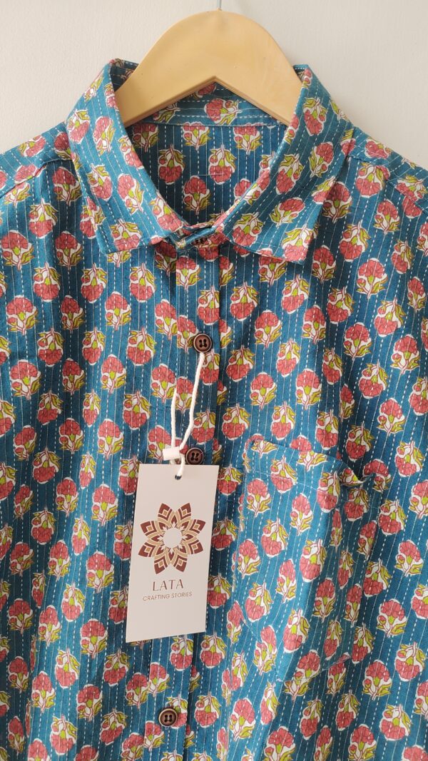 Blue Base Red Flower Buti Printed Cotton Shirt