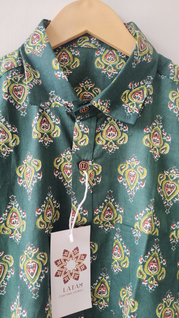 Green Base Yellow Floral Buti Printed Cotton Shirt
