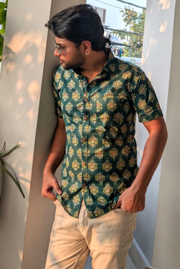 Green Base Yellow Floral Buti Printed Cotton Shirt