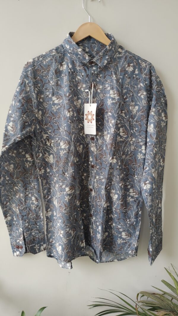 Grey Base White Floral HandPrinted Cotton Shirt (2)