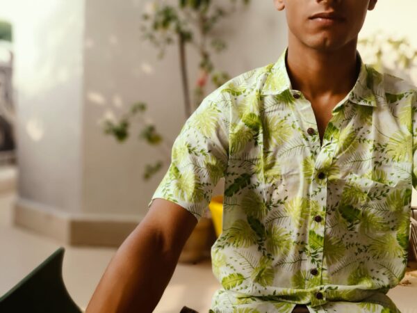 White And Light Green Floral Handprinted Cotton Shirt (5)