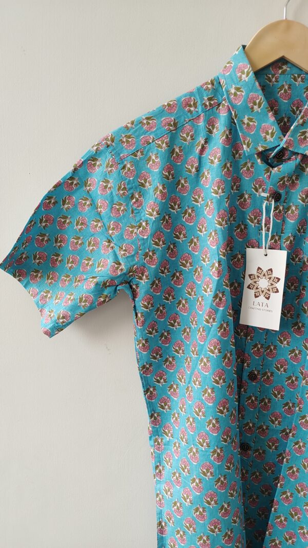 Light Blue Red Buti HandPrinted Cotton Shirt (2)