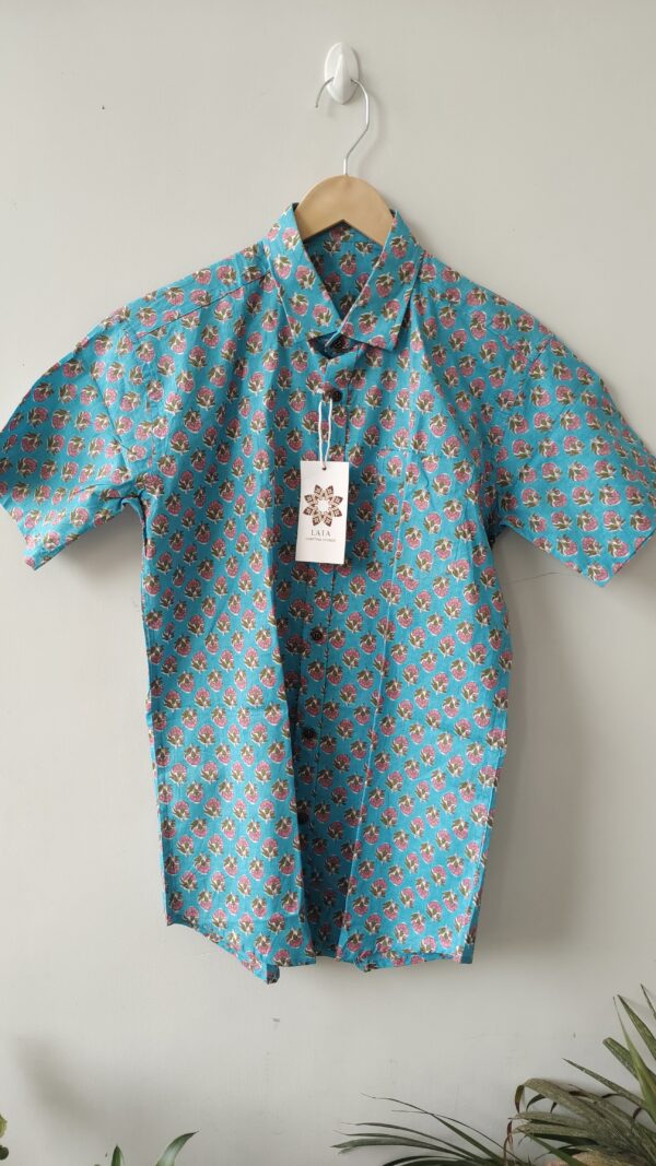 Light Blue Red Buti HandPrinted Cotton Shirt (4)