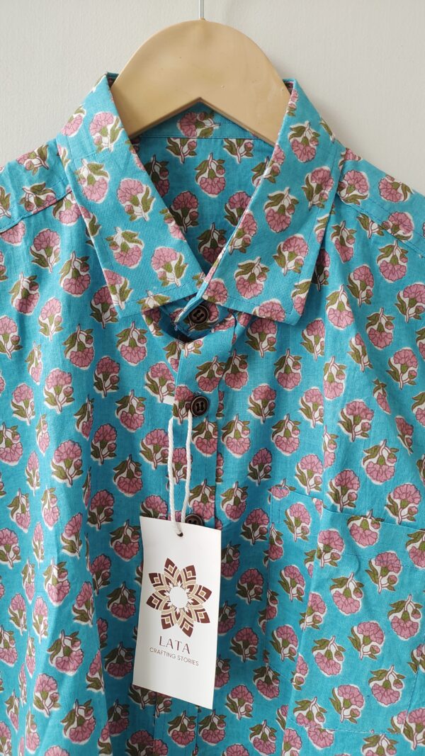 Light Blue Red Buti HandPrinted Cotton Shirt