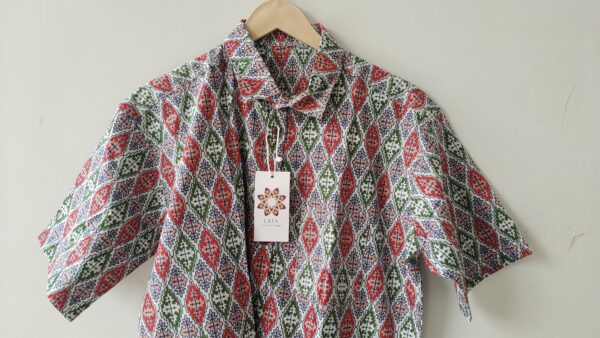 Red BLue White Floral Geometrical Printed Cotton Shirt (3)