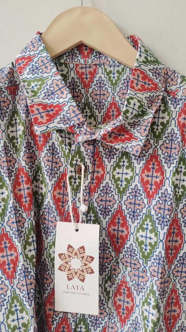 Red BLue White Floral Geometrical Printed Cotton Shirt