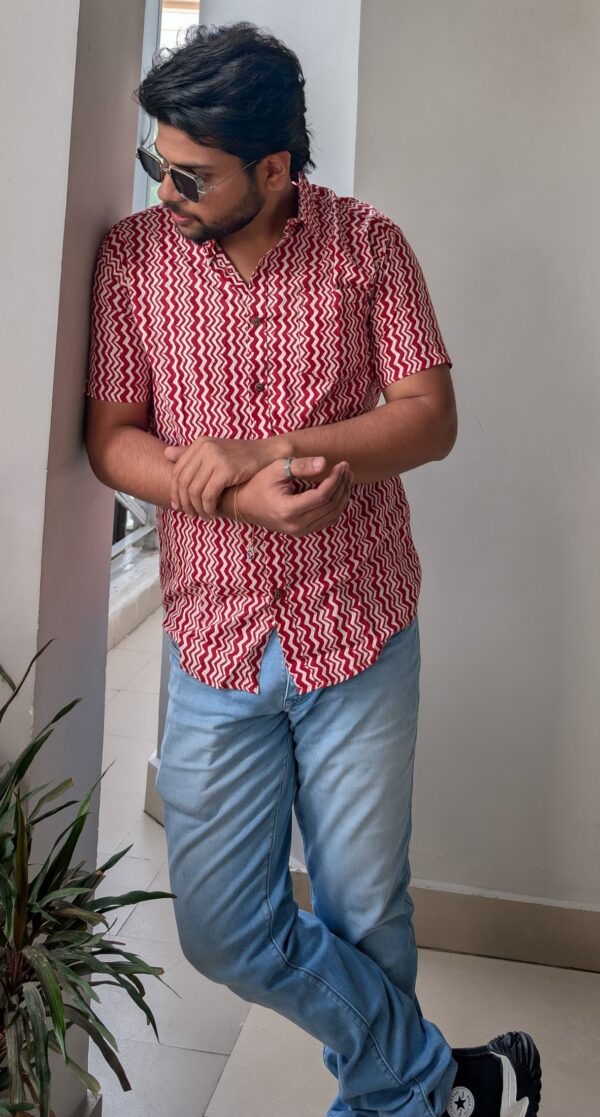 Red Base White Stripped Printed Cotton Shirt