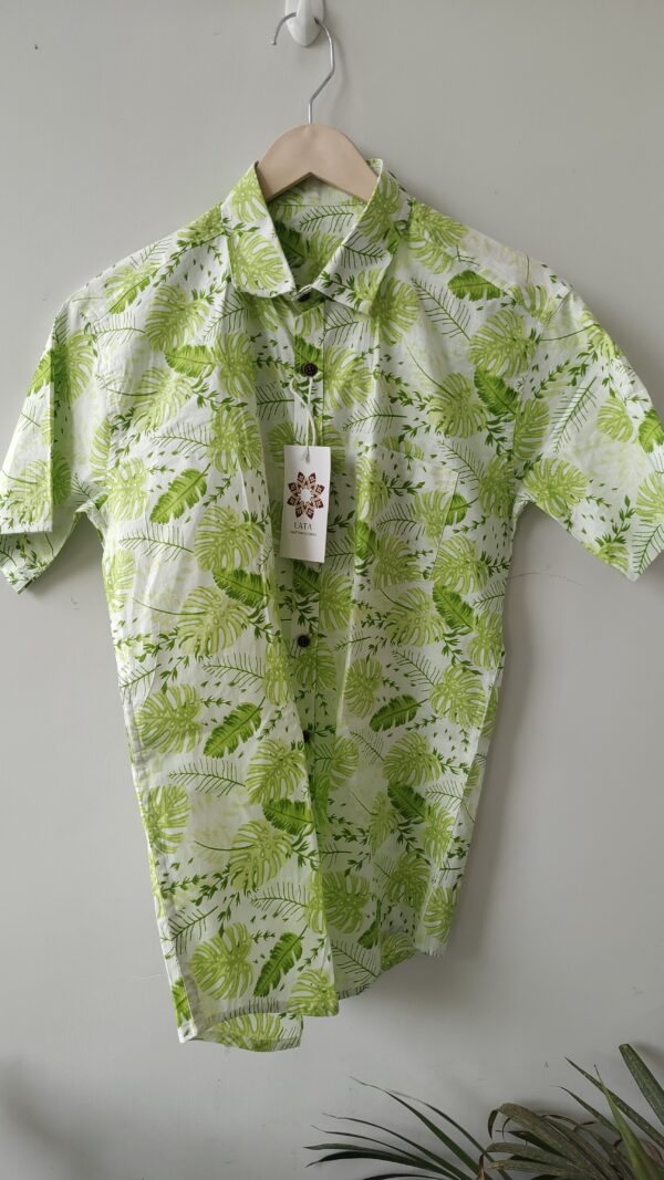 White And Light Green Floral Handprinted Cotton Shirt (4)