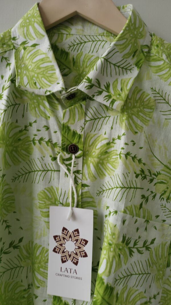 White And Light Green Floral Handprinted Cotton Shirt