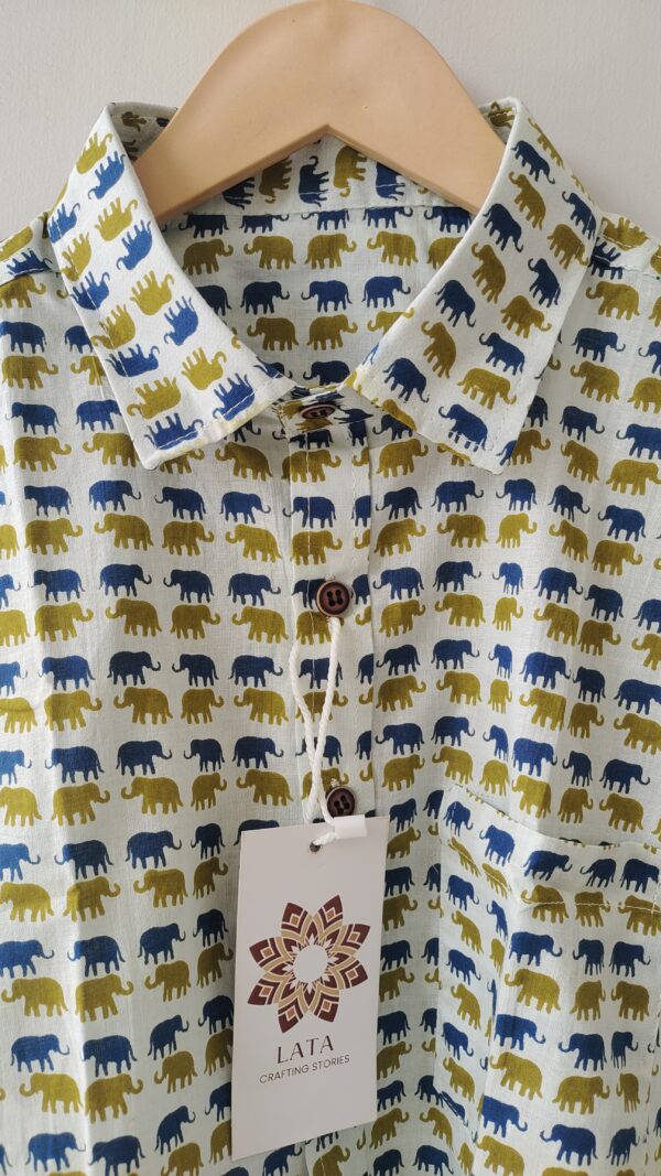 White Base Blue And Green Elephant HandPrinted Cotton Shirt (2)