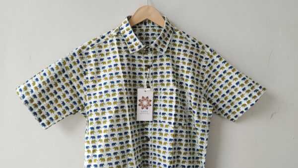 White Base Blue And Green Elephant HandPrinted Cotton Shirt (3)