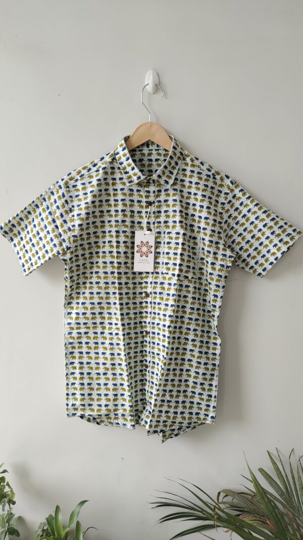 White Base Blue And Green Elephant HandPrinted Cotton Shirt (4)