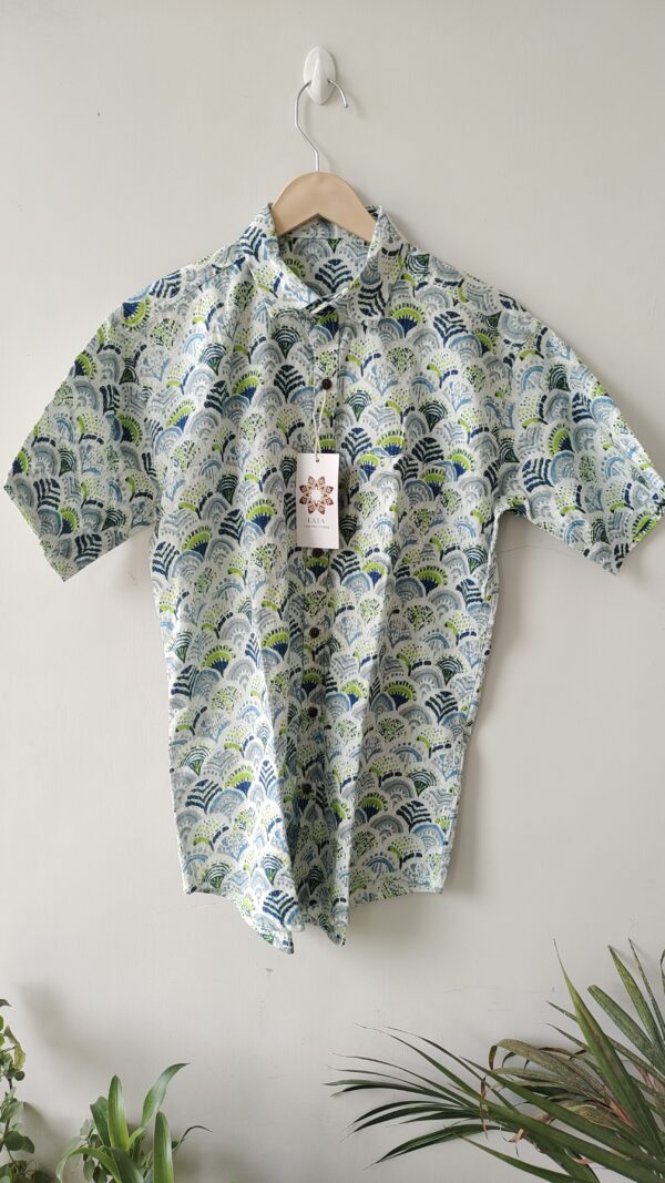 White Base Blue And Green HandPrinted Cotton Shirt (3)