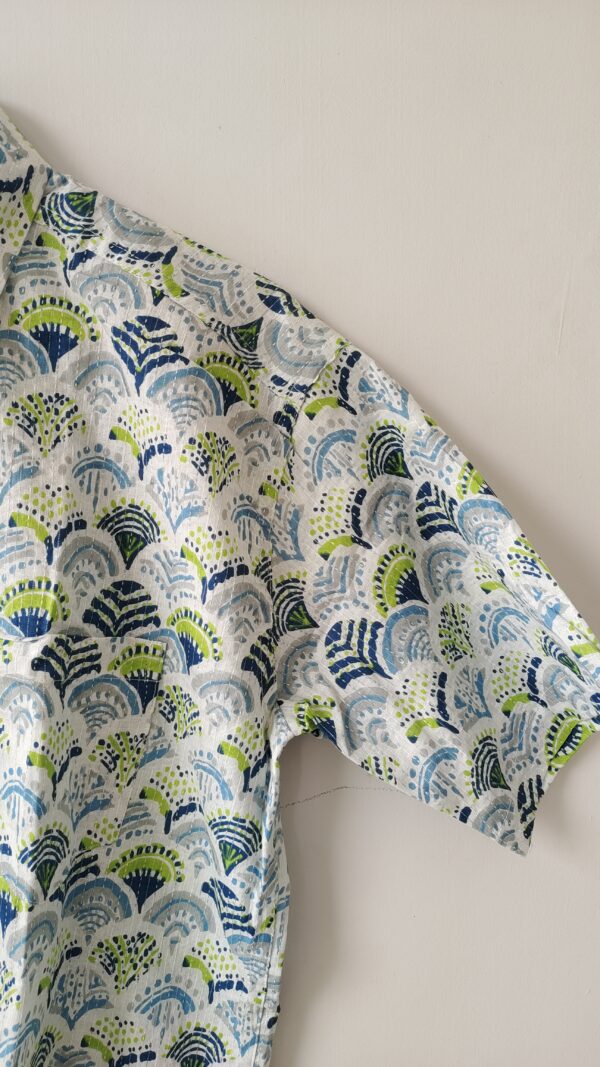 White Base Blue And Green HandPrinted Cotton Shirt (4)