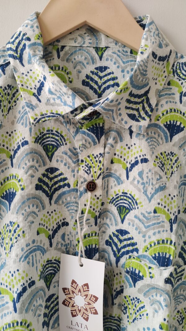 White Base Blue And Green HandPrinted Cotton Shirt