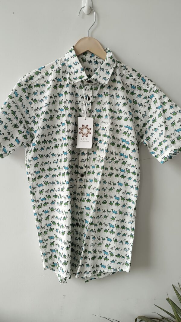 White Base Blue Green Warli Printed Cotton Shirt