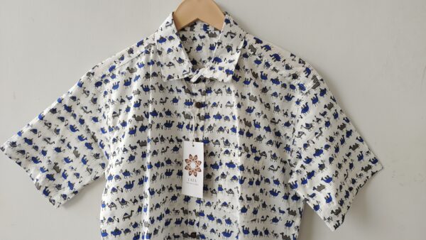 White Base Blue Grey Warli Printed Cotton Shirt (4)
