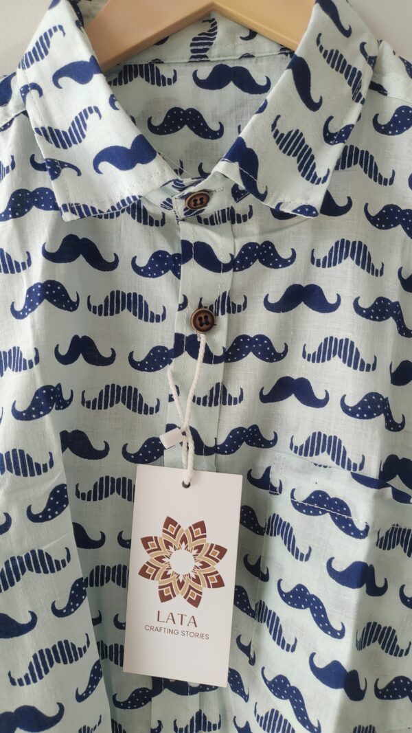 White Base Blue Mustache HandPrinted Cotton Shirt (2)