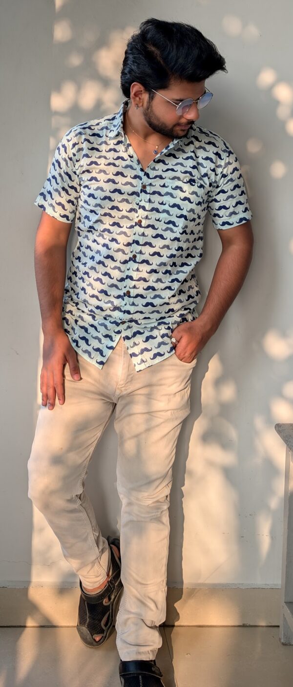 White Base Blue Mustache HandPrinted Cotton Shirt
