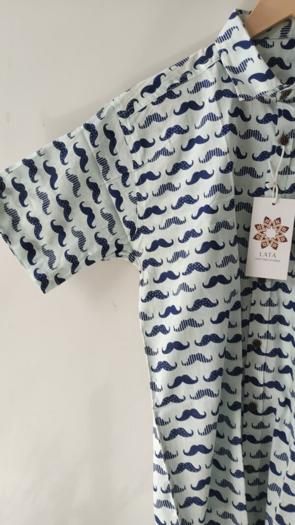 White Base Blue Mustache HandPrinted Cotton Shirt