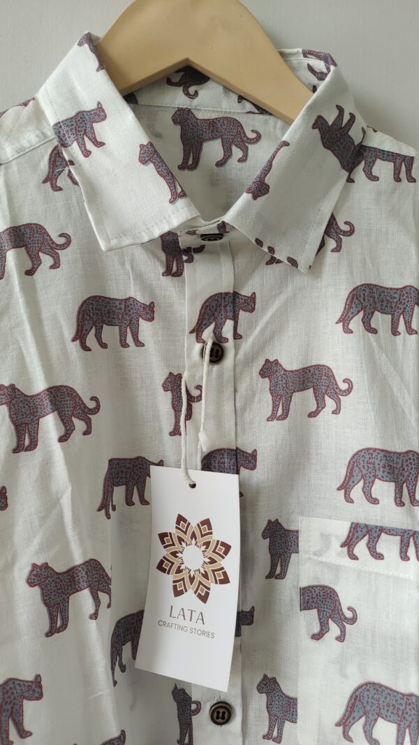 White Base Grey Leopard HandPrinted Cotton Shirt