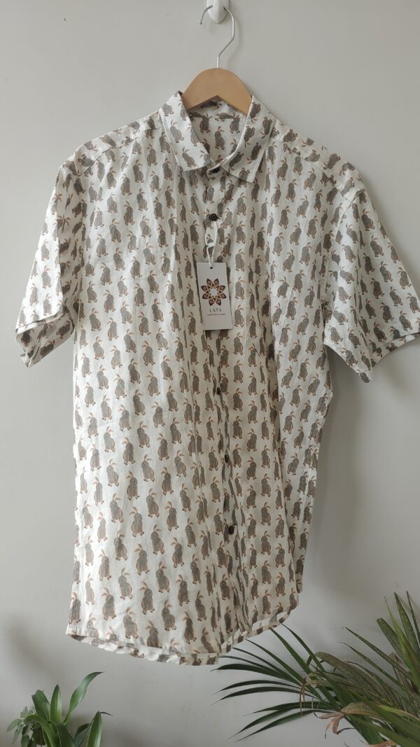 White Base Grey Rabit Motif Cotton Shirt