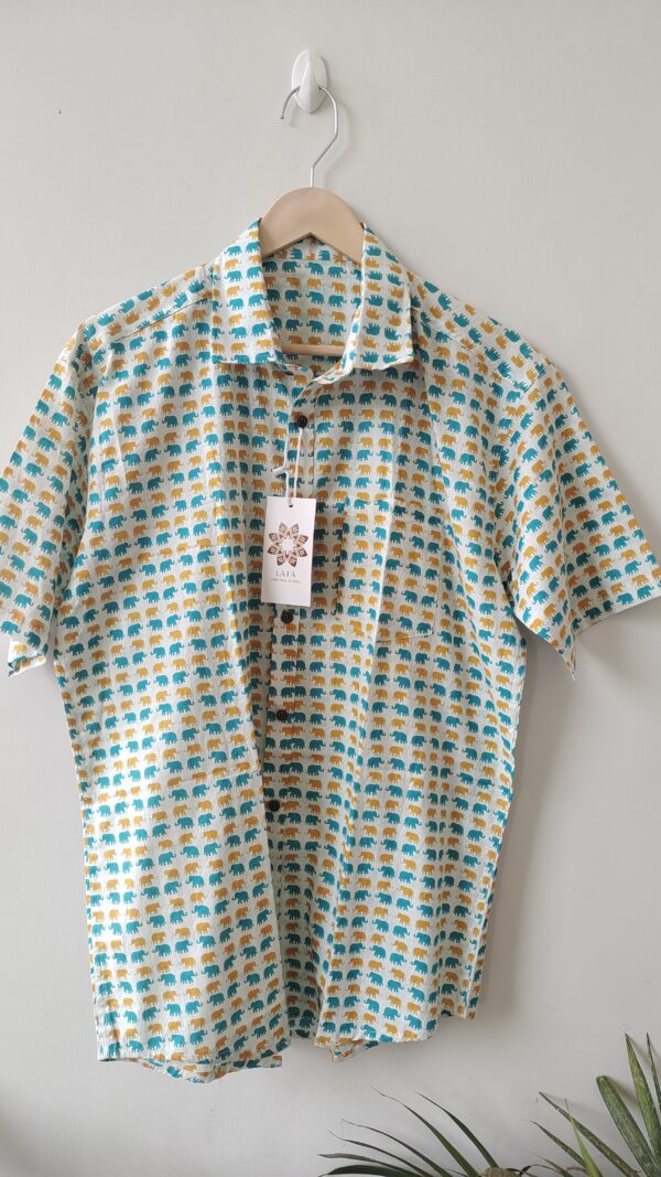 White Base Light Green And Yellow Elephant Motif Cotton Shirt (2)