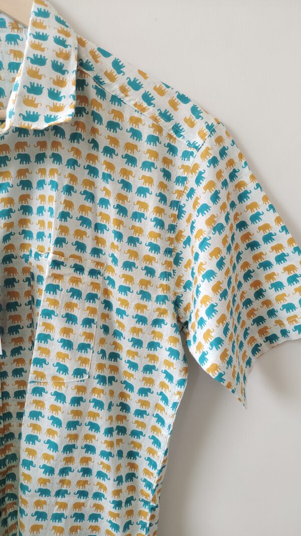 White Base Light Green And Yellow Elephant Motif Cotton Shirt (3)