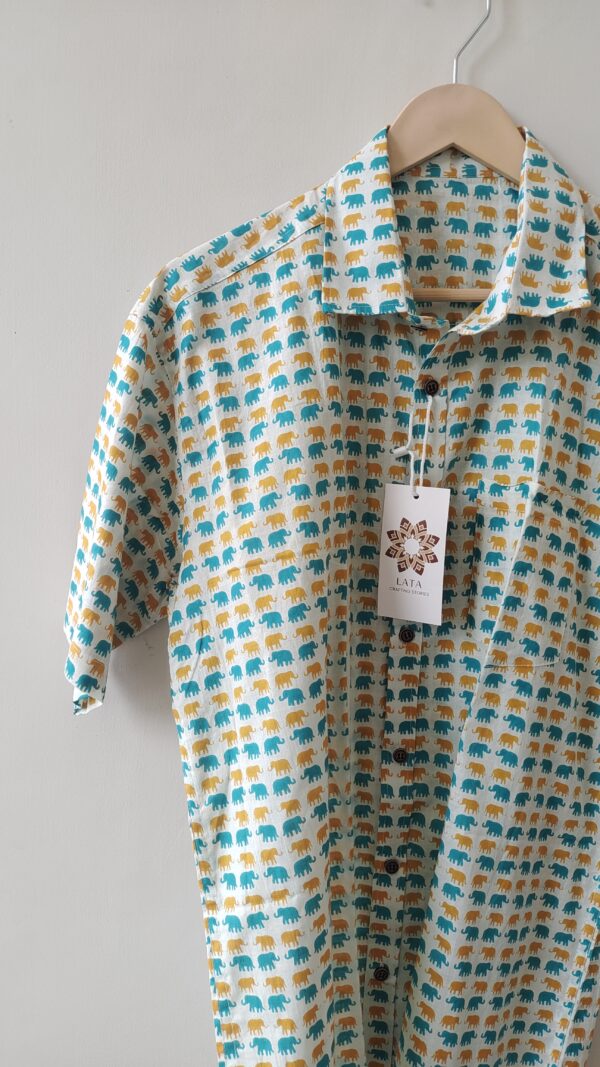 White Base Light Green And Yellow Elephant Motif Cotton Shirt (4)